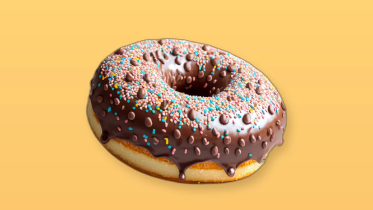 A chocolate frosted donut with sprinkles photographed on a peach background