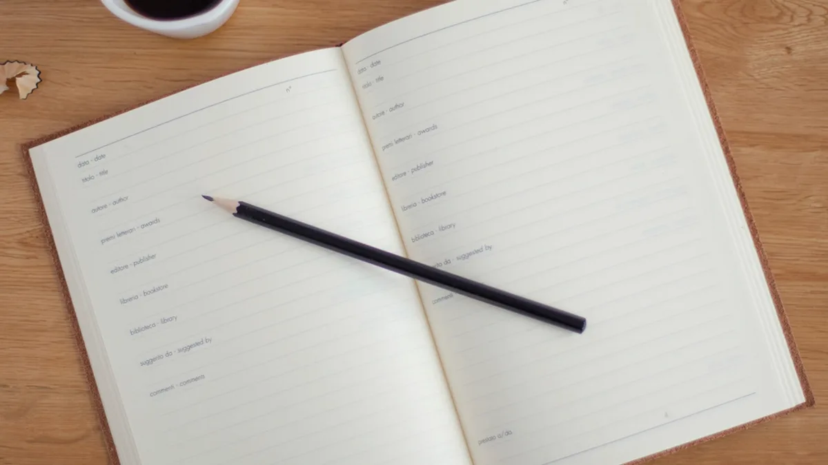 Overhead photo of an open daily planner with a pencil and a cup of coffee on a wood desk