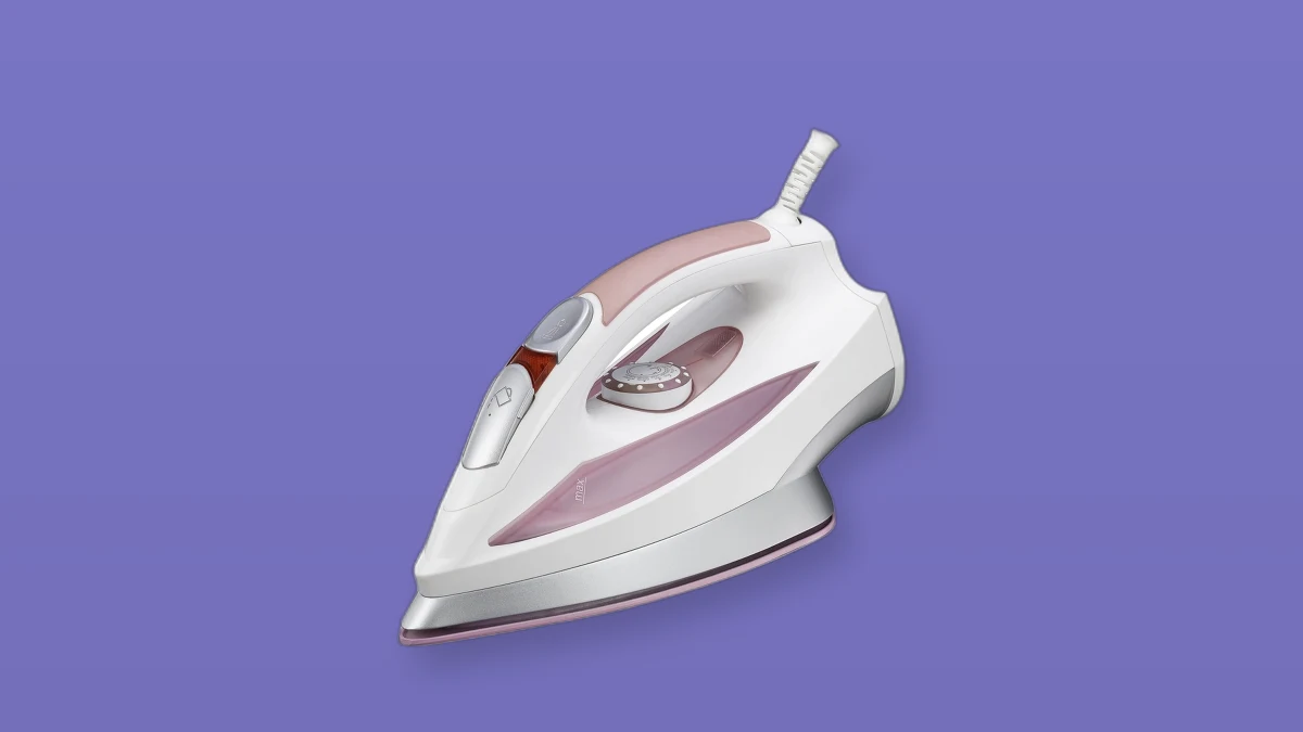 Photo illustration of a white steam iron on a colored background representing garment cleaning
