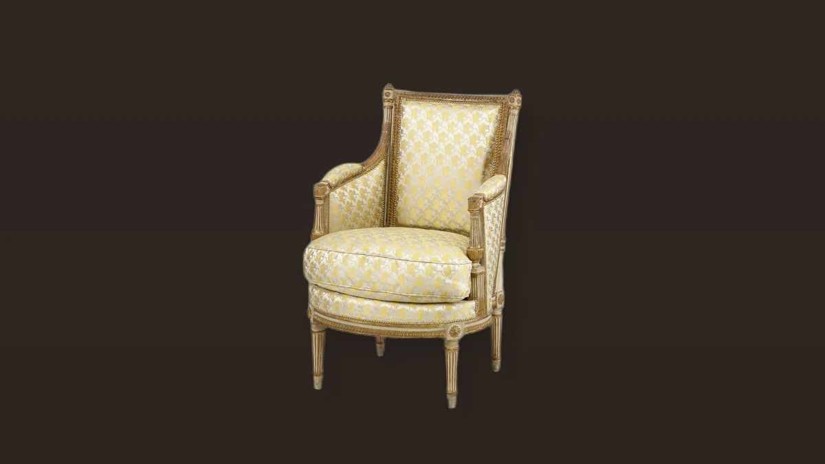 Photo illustration of a single upholstered armchair on a colored background representing sitting posture