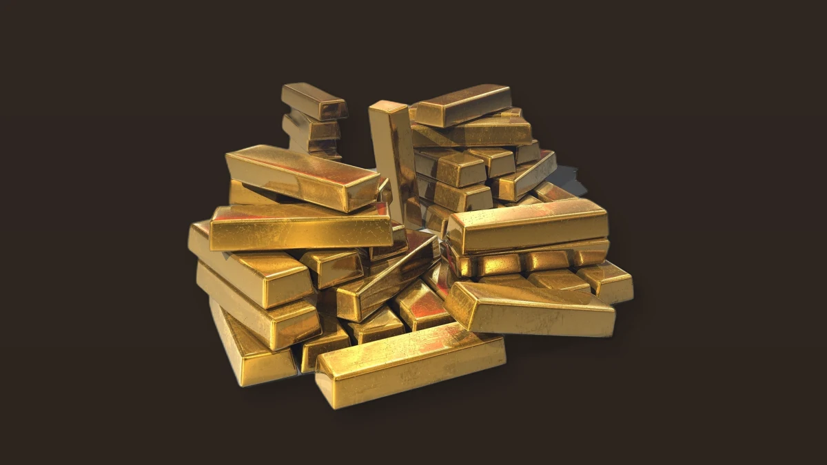 Photo illustration of a pile of gold bars on a dark brown background