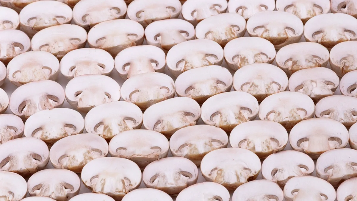 Rows of freshly sliced white mushrooms arranged against a pale background
