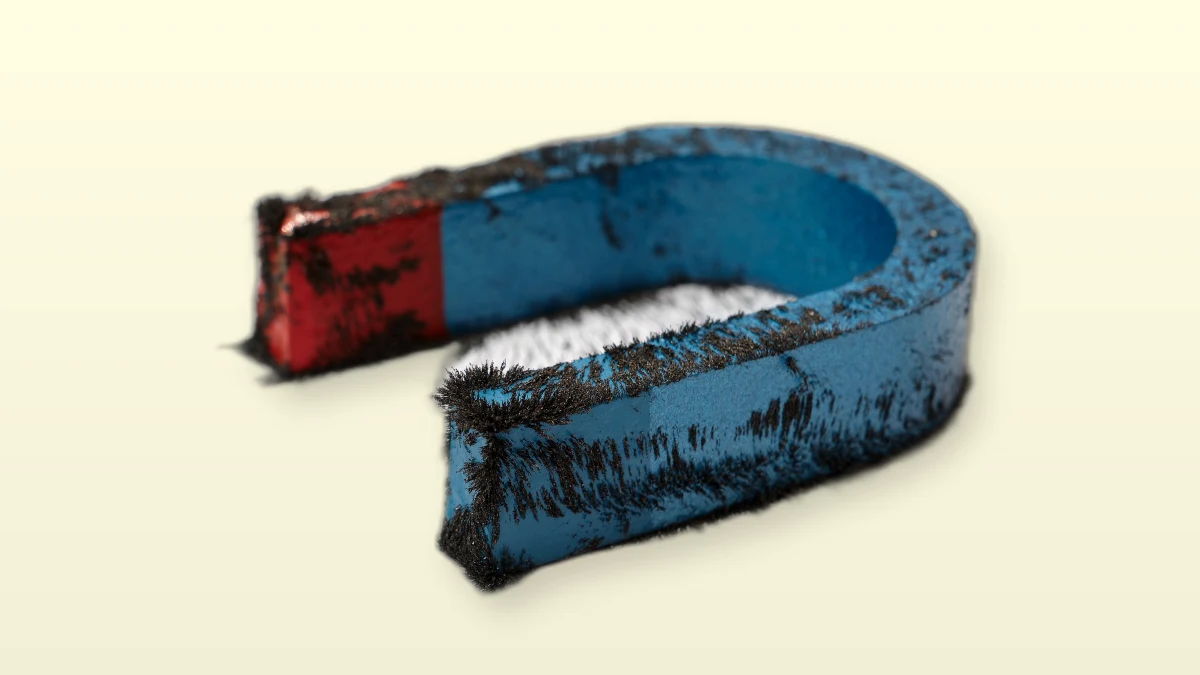 Photo illustration of a horseshoe magnet coated in iron filings on a cream background, symbolizing attraction.