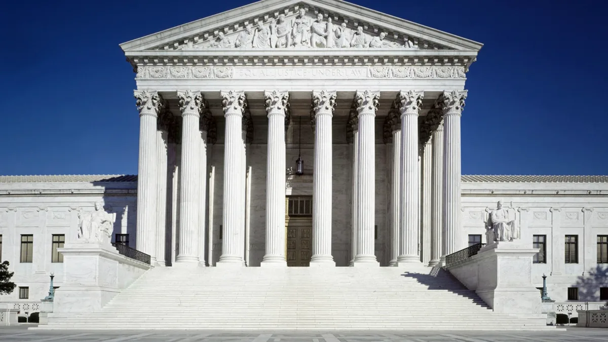 The front steps and marble columns of the U.S. Supreme Court building in Washington, D.C.
