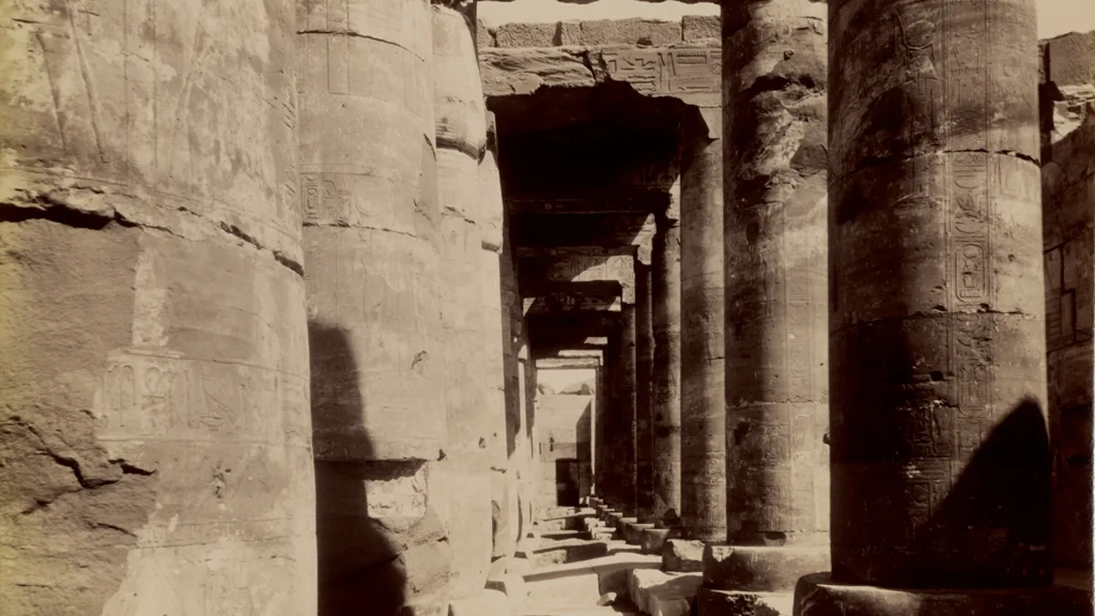 Inscribed stone columns of the temple at Abydos, Egypt, in a 19th-century photograph