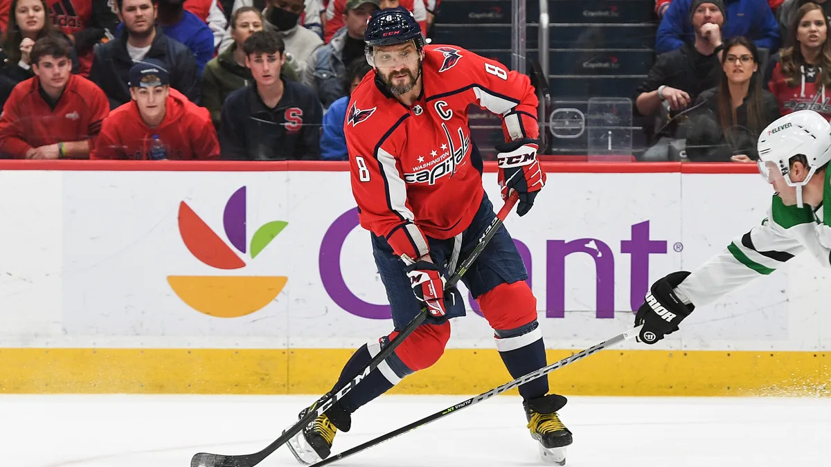 Alex Ovechkin of the Washington Capitals takes a shot during a 2022 game at Capital One Arena