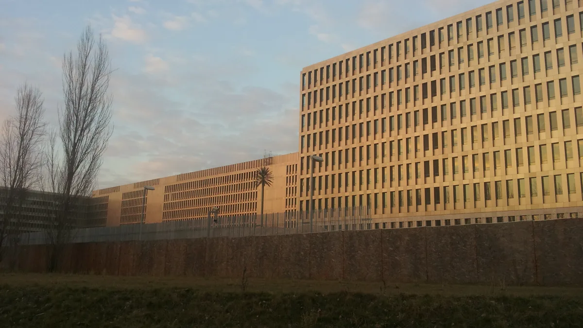 The long stone facade of the BND foreign intelligence headquarters in Berlin at dusk