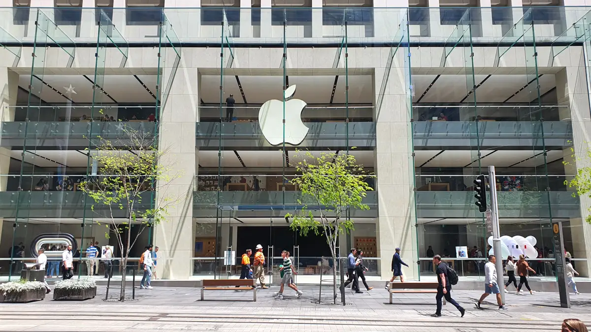 The glass facade and logo of the Apple Store on George Street in Sydney