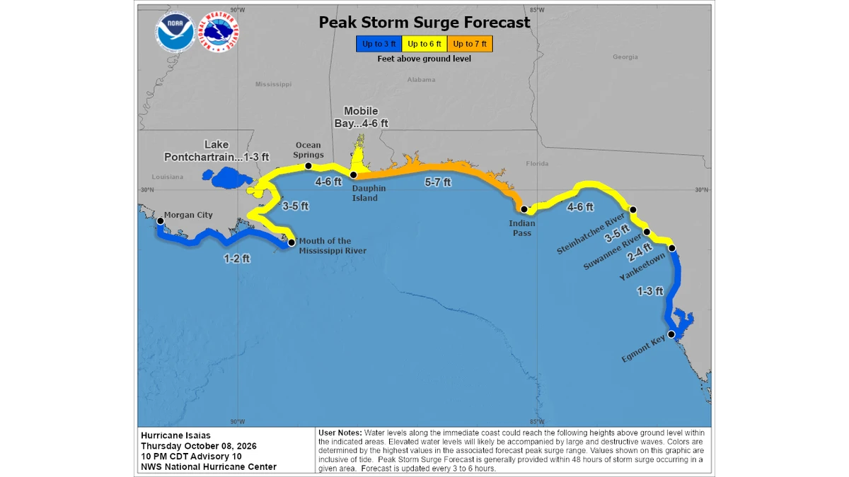 NOAA map showing the peak storm surge forecast along the Gulf Coast from Louisiana to Florida
