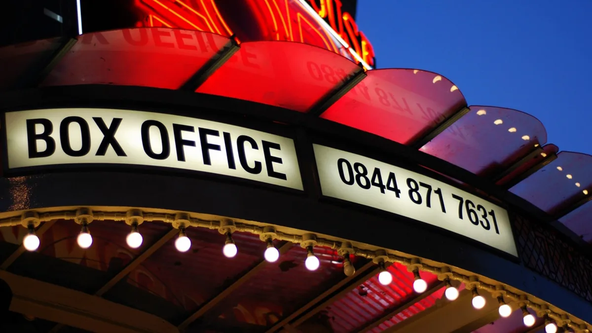 Illuminated box office marquee at a London theater
