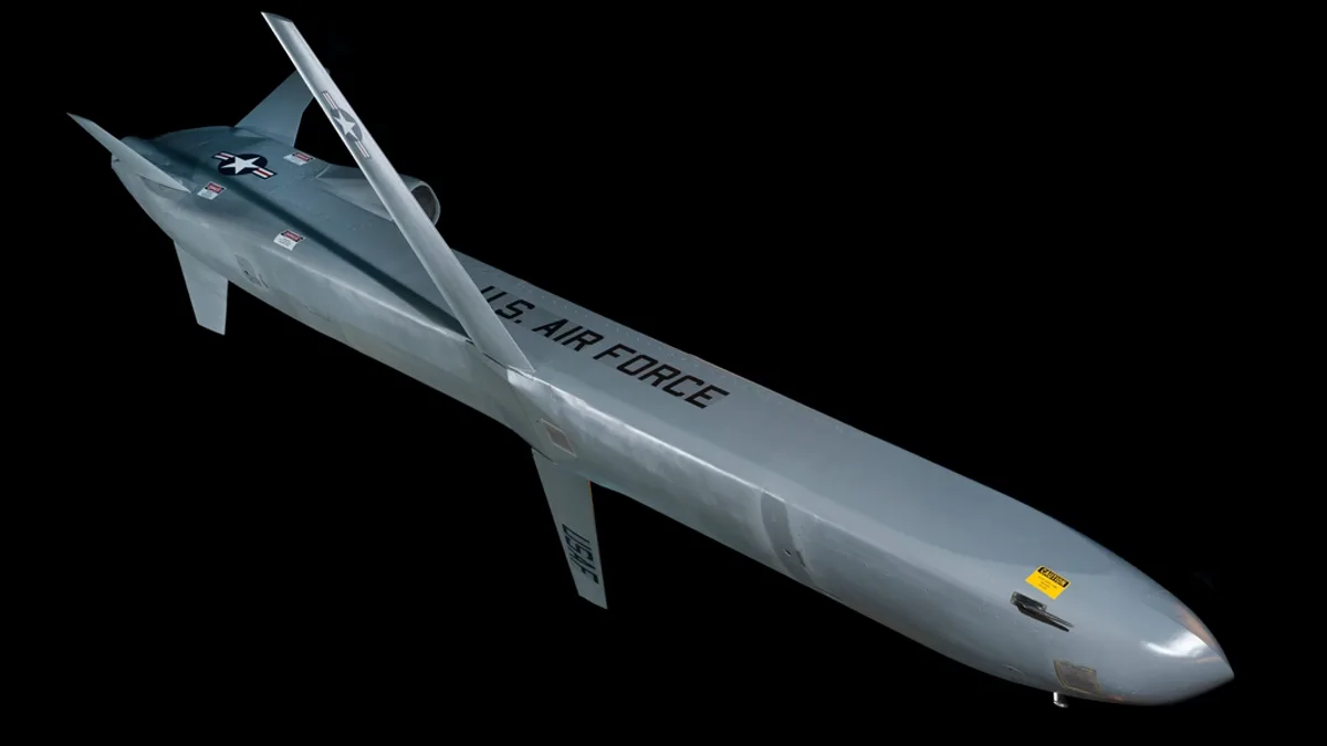 A U.S. Air Force air-launched cruise missile against a black background