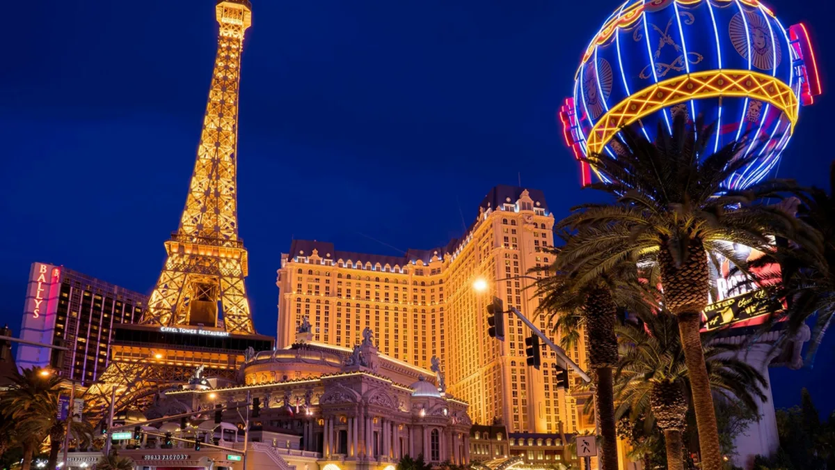 Las Vegas Strip illuminated at night near the site of Tupac Shakur's shooting