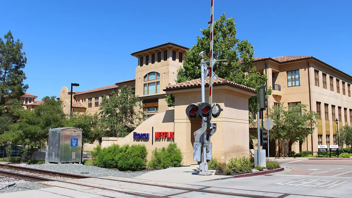 The Netflix sign outside the company office campus in Los Gatos, California