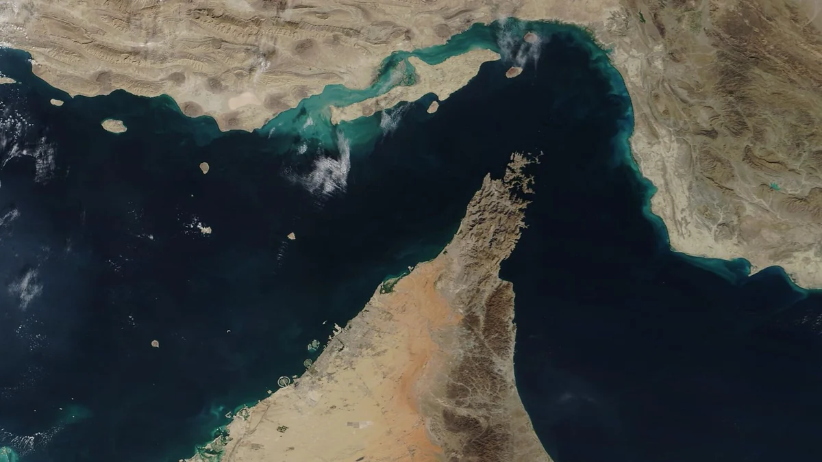 Satellite view of the Strait of Hormuz between Iran and the Musandam Peninsula