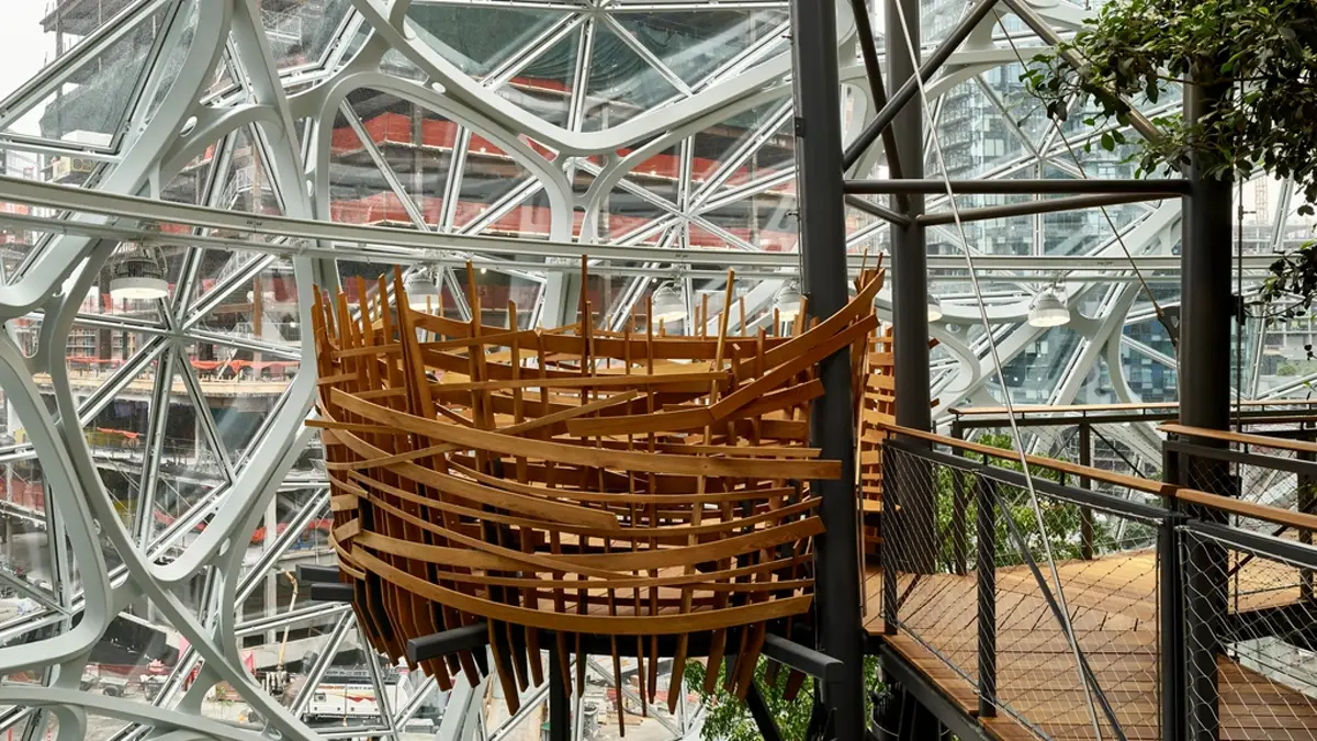 Interior view of the Amazon Spheres campus building in Seattle