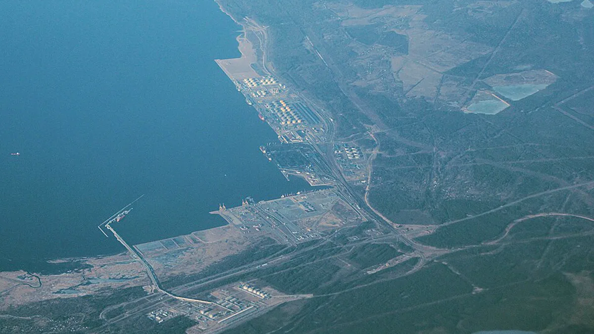Aerial view of oil storage tanks and tanker berths at the Russian Baltic port of Ust-Luga