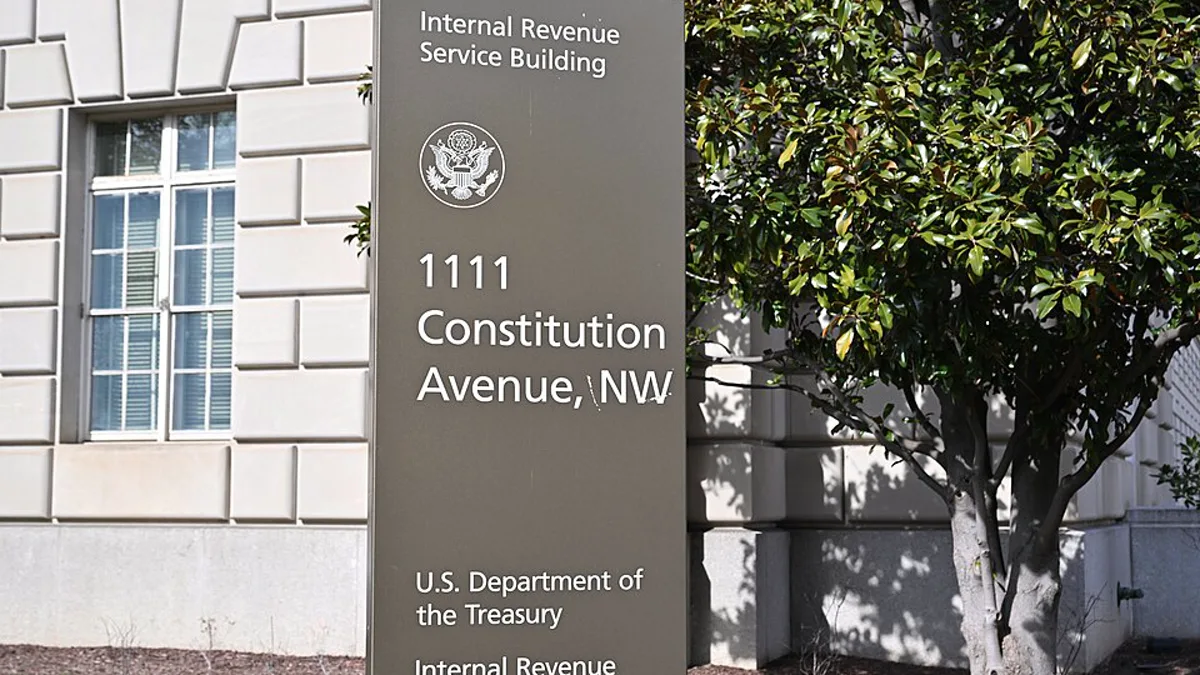Sign outside the Internal Revenue Service building at 1111 Constitution Avenue NW in Washington