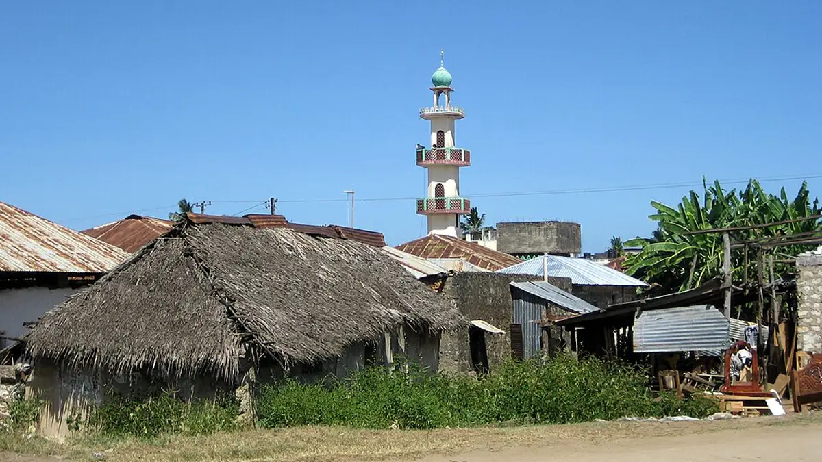 View across the coastal town of Malindi, Kenya, with a mosque minaret above the rooftops