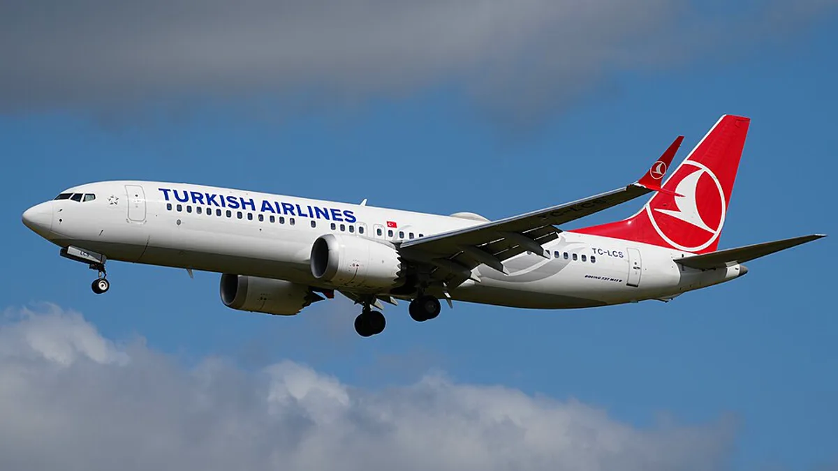 A Boeing 737 MAX airliner on approach to land