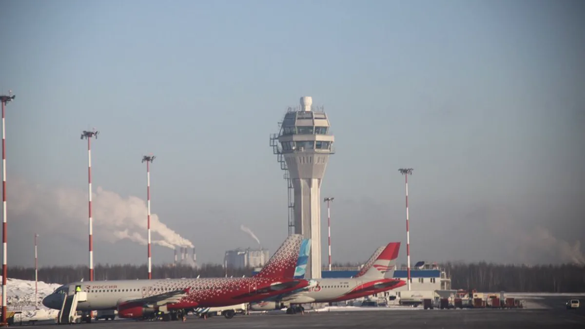 The control tower and apron at Pulkovo Airport in St Petersburg, Russia