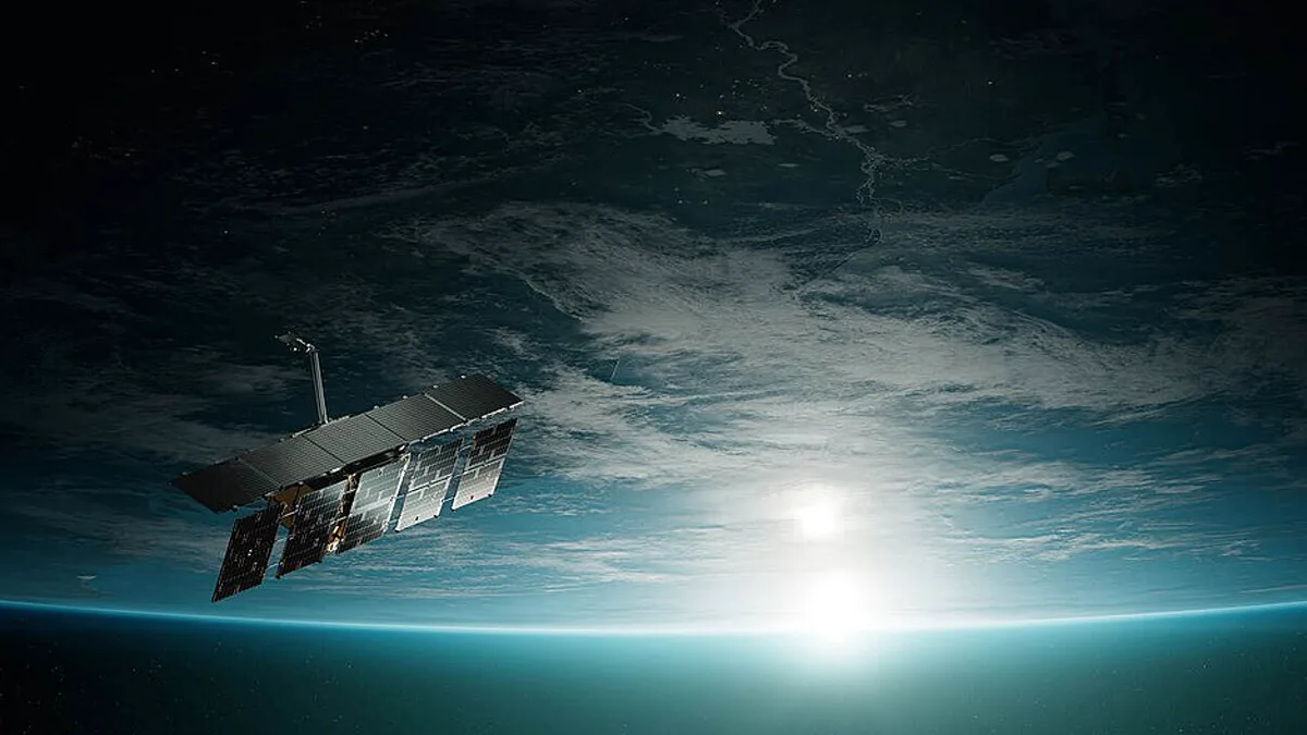Rendering of an ICEYE synthetic aperture radar satellite with solar panels extended above a sunlit Earth
