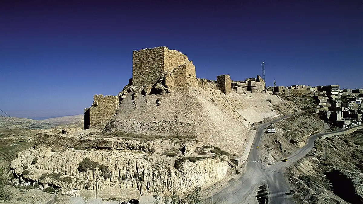 Karak Castle on a hilltop above the town of Karak in southern Jordan