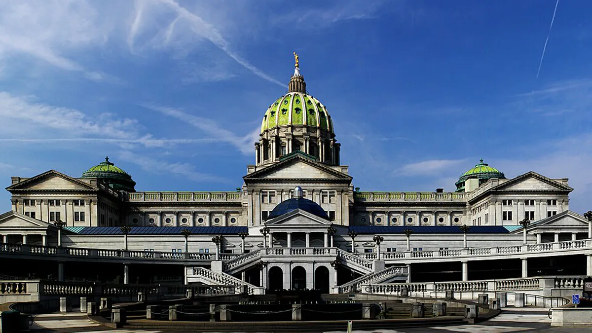 The Pennsylvania State Capitol in Harrisburg with its green dome against a blue sky