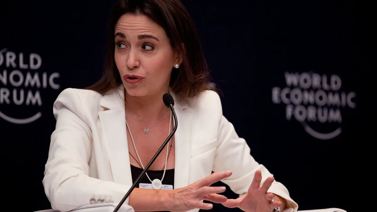 Maria Corina Machado speaking on a panel at a World Economic Forum event